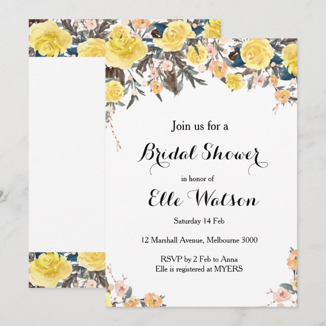 Yellow Floral Bridal Shower Invitation (Front/Back)