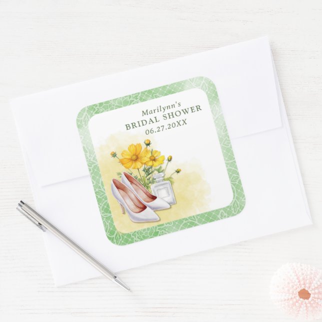 Yellow Floral Bridal Shower Square Sticker (Envelope)