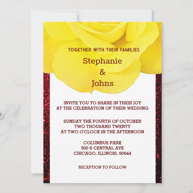 Yellow Floral Burgundy Red Glittery Wedding Invitation (Front)