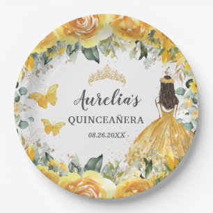 Yellow Floral Butterflies Princess Quinceanera Paper Plate