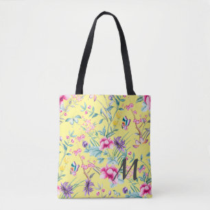 Yellow Floral & Butterfly Monogram Tote Bag