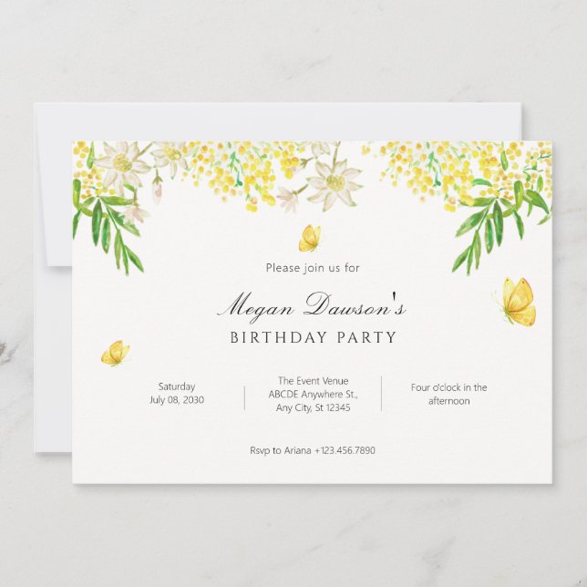 Yellow floral butterfly plants birthday invitation (Front)