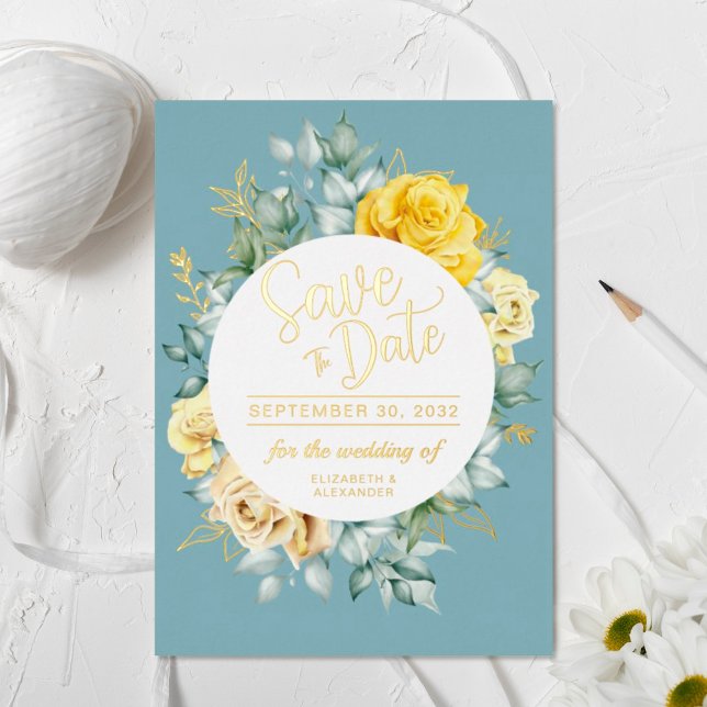 Yellow floral classy dusty blue wedding Save Date (Creator Uploaded)