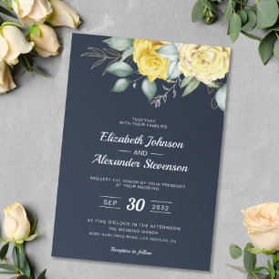 Yellow floral classy greenery navy blue wedding invitation