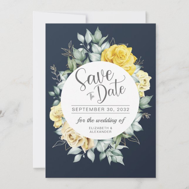 Yellow floral classy greenery navy blue wedding save the date (Front)