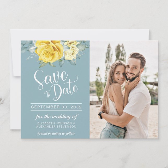 Yellow floral classy greenery summer photo wedding save the date (Front)