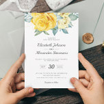 Yellow floral classy greenery summer wedding invitation<br><div class="desc">This contemporary floral wedding invitation features a classy and elegant bouquet of yellow watercolor roses, complemented with delicate greenery and accented with golden leaves (faux gold) over a plain white background. The back of the card features a solid coordinating dusty blue colour. This invitation is part of the "Yellow watercolor...</div>