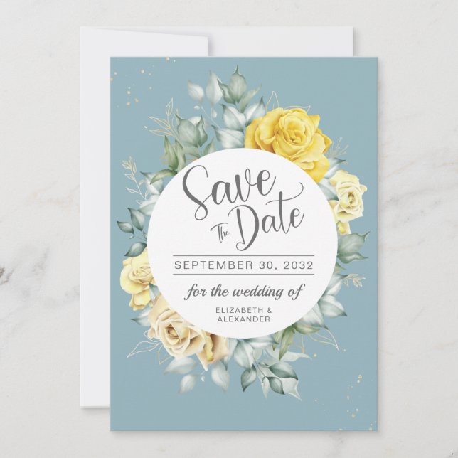 Yellow floral classy greenery summer wedding save the date (Front)