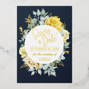 Yellow floral classy navy blue wedding Save Date
