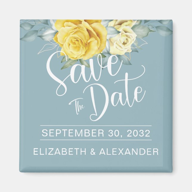 Yellow floral classy photo wedding save the date magnet (Front)
