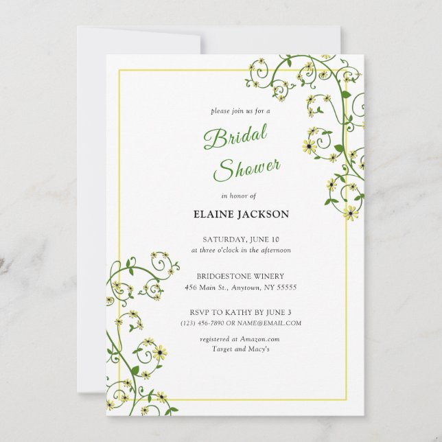 Yellow Floral Climbing Vine Invitation Flat Card (Front)