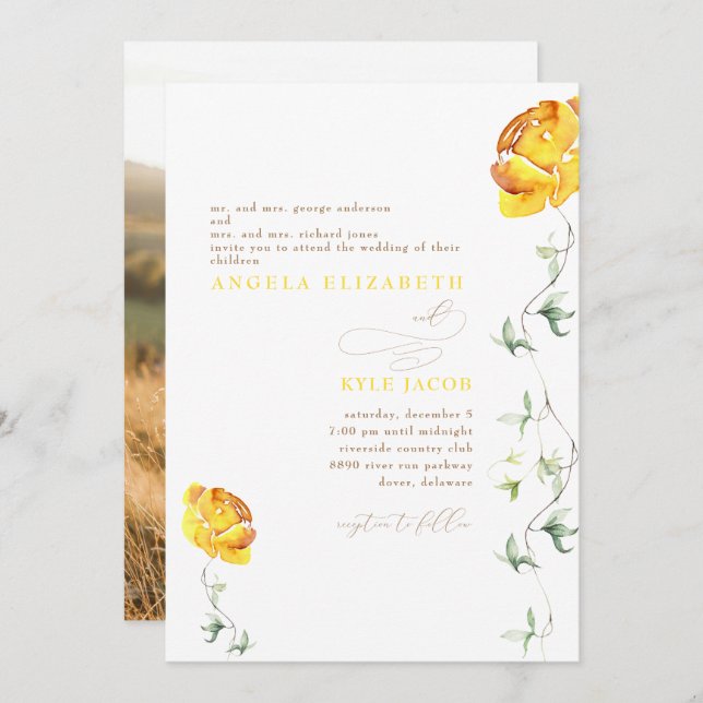 Yellow Floral Couple Photo Wedding Invitation (Front/Back)