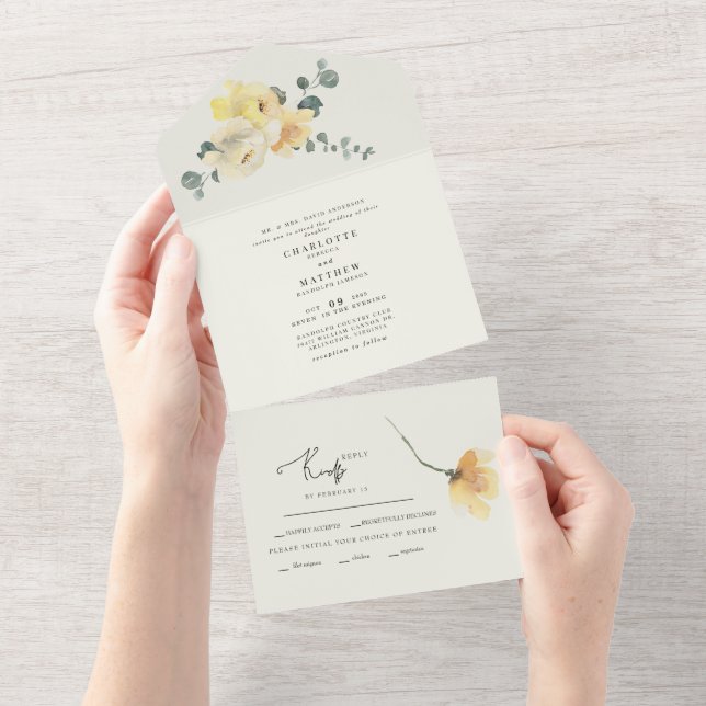Yellow Floral Cream Wedding Bride Parents All In One Invitation (Tearaway)