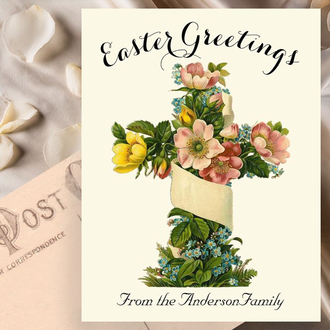 Yellow Floral Cross Vintage Easter Religious Postcard (Creator Uploaded)