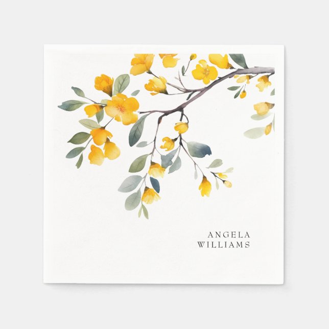 Yellow Floral Custom Cocktail  Napkin (Front)