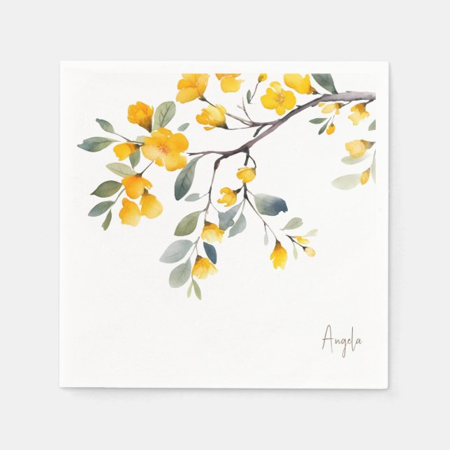 Yellow Floral Custom Script Gold Text Shower Napkin (Front)