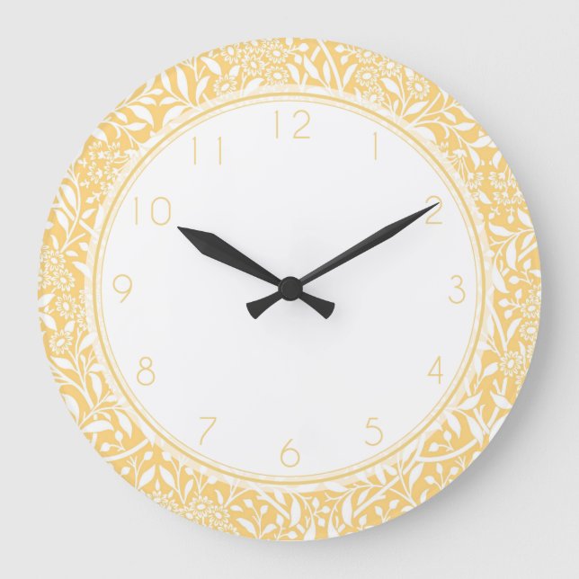 Yellow Floral Damask Pattern Large Clock (Front)