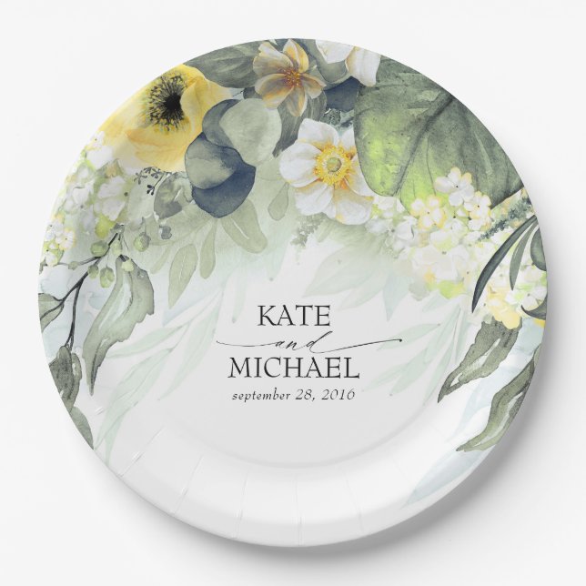 Yellow Floral Dreamy Garden Wedding Paper Plate (Front)