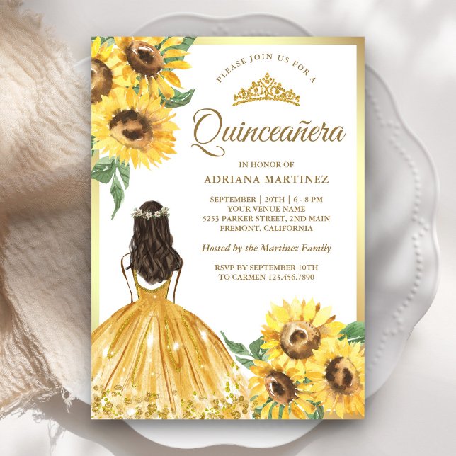 Yellow Floral Dress Sunflowers Gold Quinceanera Invitation (Creator Uploaded)