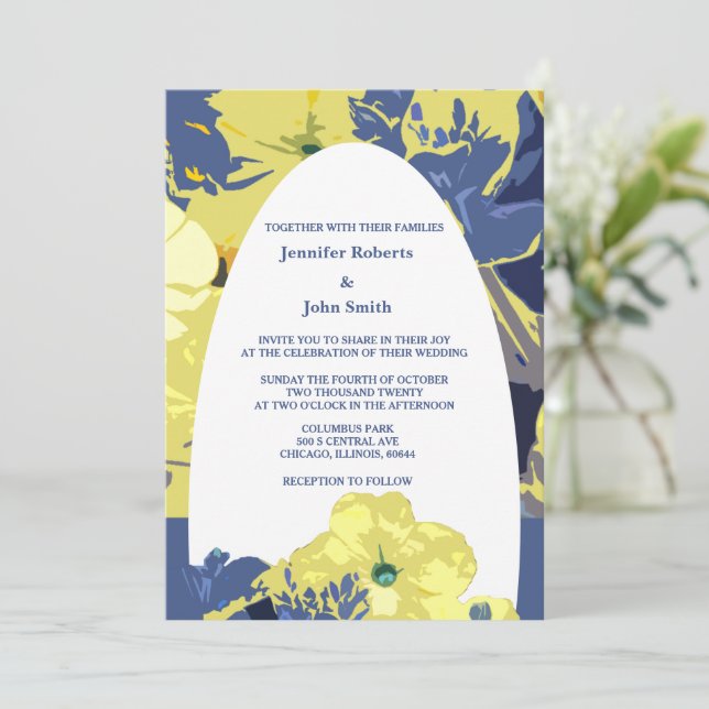 Yellow Floral Dusty Blue Custom Artsy Arch Wedding Invitation (Standing Front)