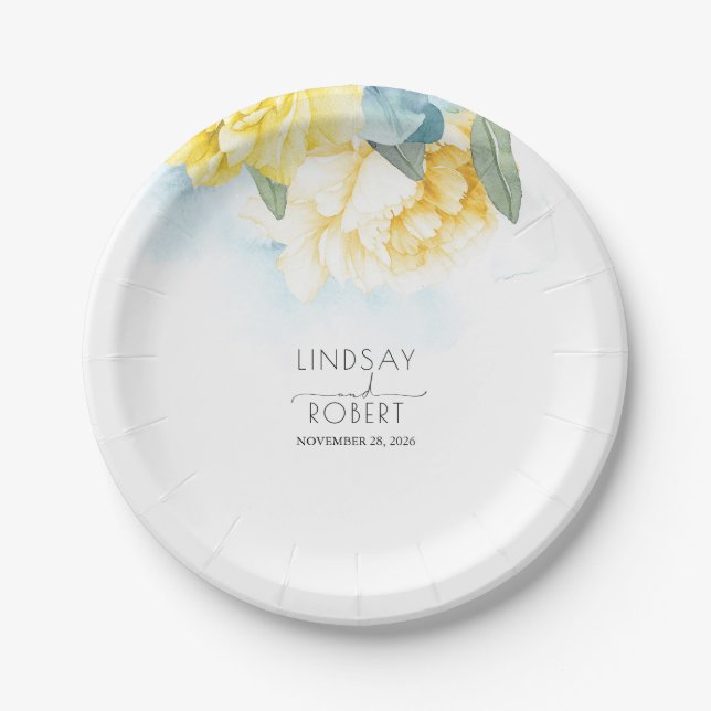 Yellow Floral Dusty Blue Watercolors Wedding Paper Plate (Front)