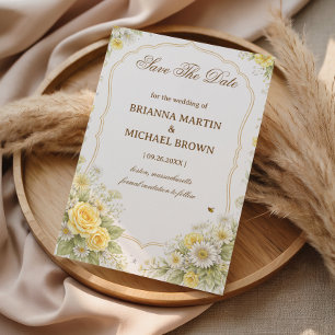 Yellow Floral Elegant Announcemen Wedding Save The Date