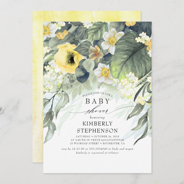 Yellow Floral Elegant Cute Baby Shower Invitation (Front/Back)