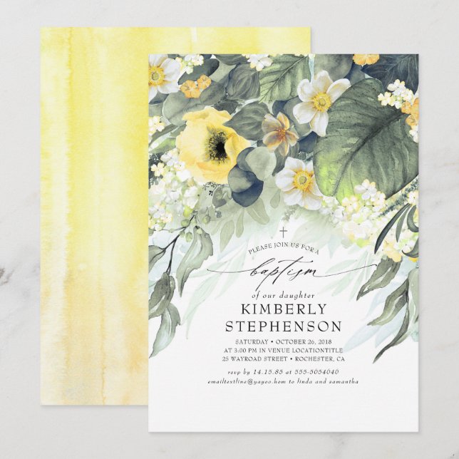 Yellow Floral Elegant Summer Baptism Invitation (Front/Back)