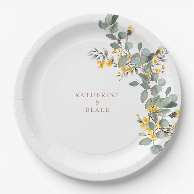 Yellow Floral & Eucalyptus Names Wedding Paper Plate (Front)