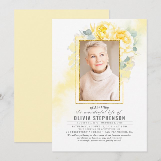 Yellow Floral Faded Foliage Funeral Photo Invitation (Front/Back)