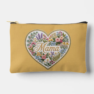 Yellow Floral Faux Embroidery Heart Mama Accessory Pouch