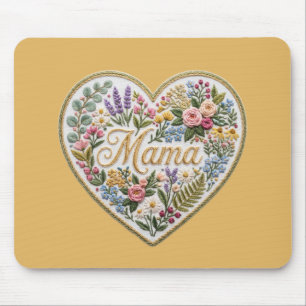 Yellow Floral Faux Embroidery Heart Mama Mouse Mat
