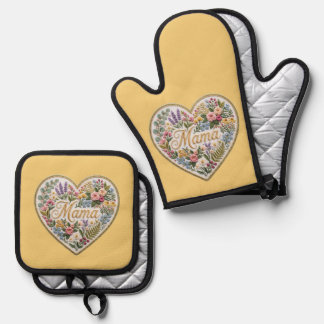 Yellow Floral Faux Embroidery Heart Mama Oven Mitt & Pot Holder Set