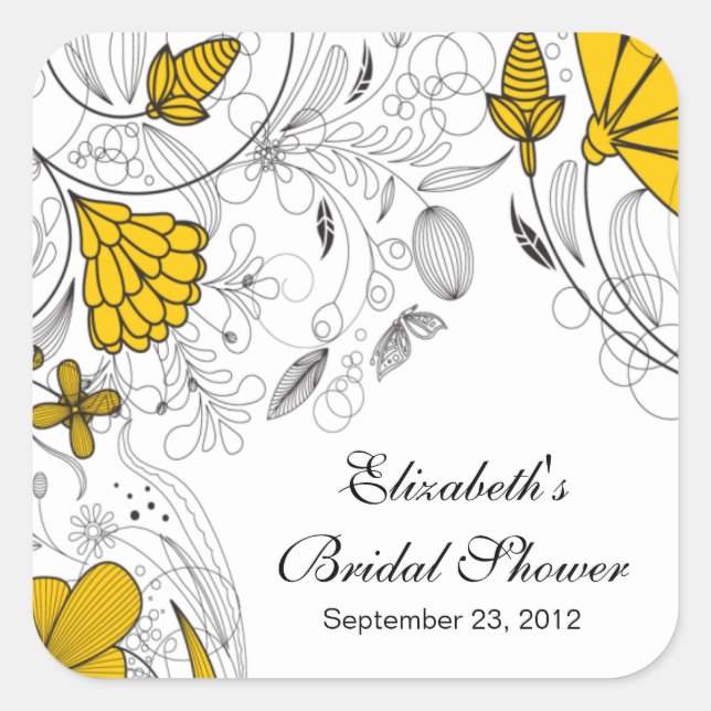 Yellow Floral Flowers Bridal Shower Favour Sticker (Front)