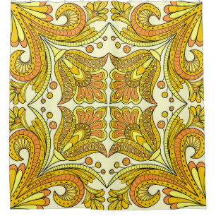 Yellow Floral Folk: Stylish Vintage Pattern Shower Curtain