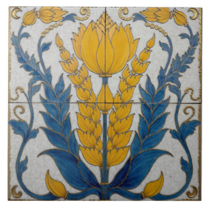 Yellow Floral Form with Blue Leaves Tile
