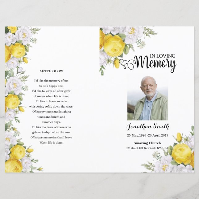 Yellow floral Funeral Program template (Front)
