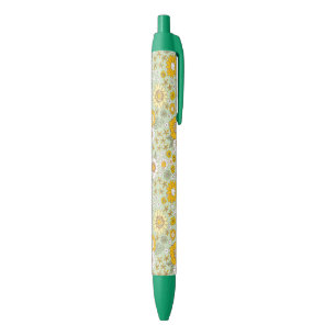 Yellow Floral Garden Pattern Black Ink Pen
