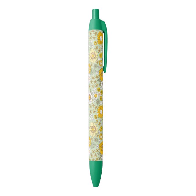 Yellow Floral Garden Pattern Black Ink Pen (Bottom (Vertical))