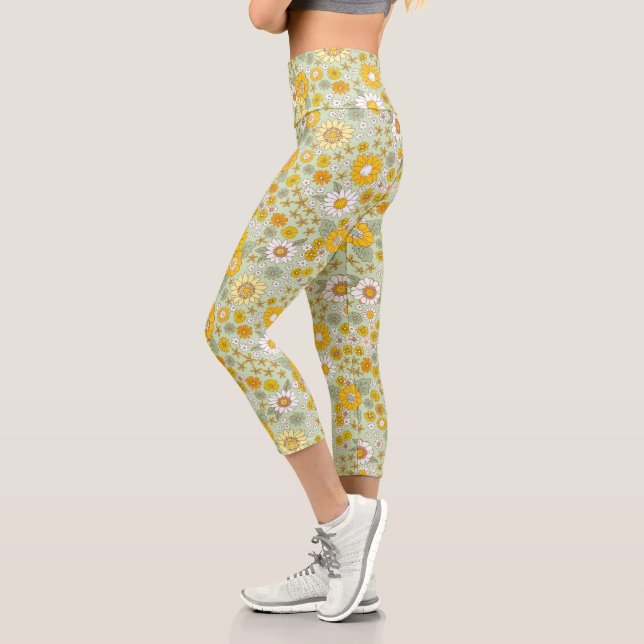 Yellow Floral Garden Pattern Capri Leggings (Left)