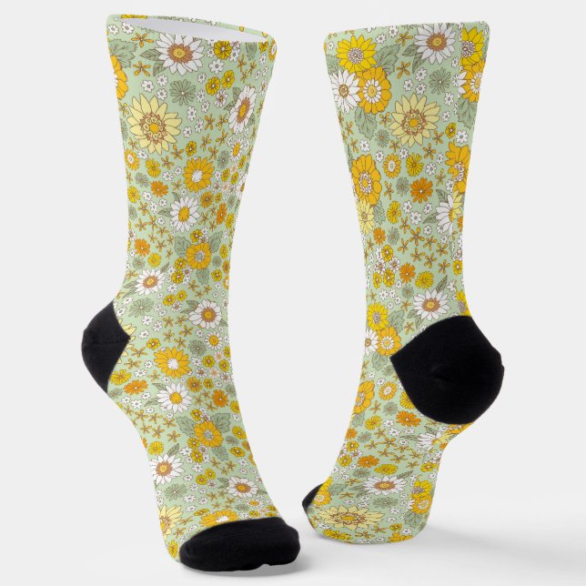 Yellow Floral Garden Pattern Socks (Angled)