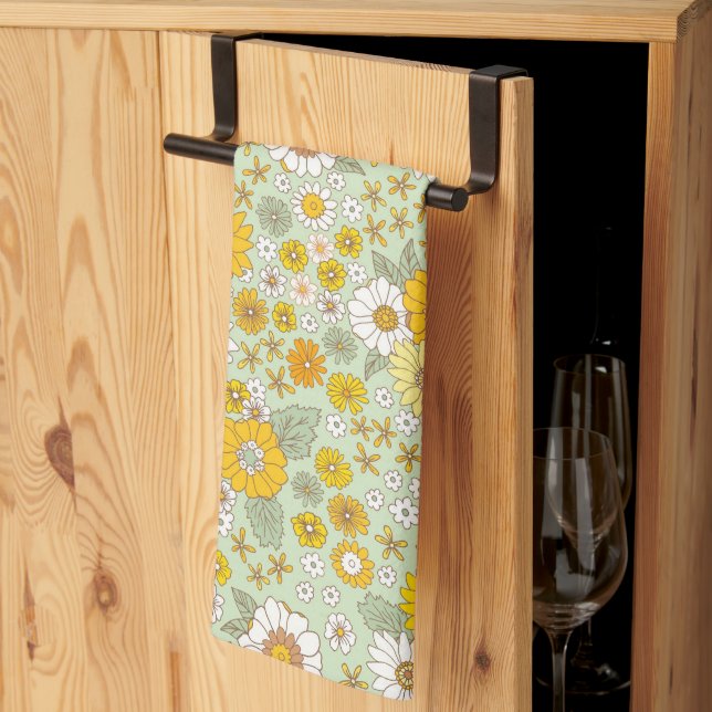 Yellow Floral Garden Pattern Tea Towel (Thirds Fold)