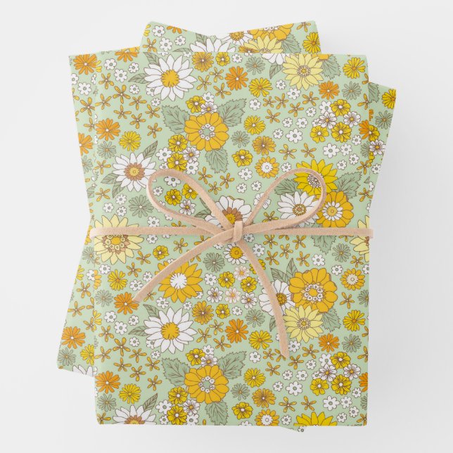 Yellow Floral Garden Pattern Wrapping Paper Sheet (In situ)