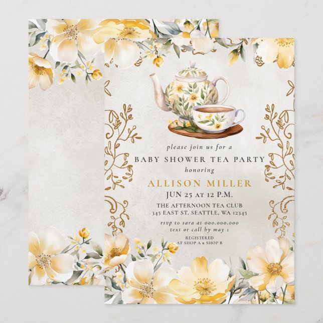 Yellow Floral Gender neutral Tea Baby Shower  Invitation (Front/Back)