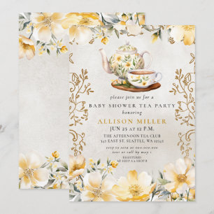 Yellow Floral Gender neutral Tea Baby Shower Invitation