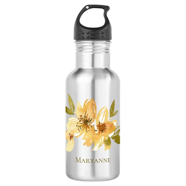 Yellow Floral Girly Personalised 532 Ml Water Bottle (Front)