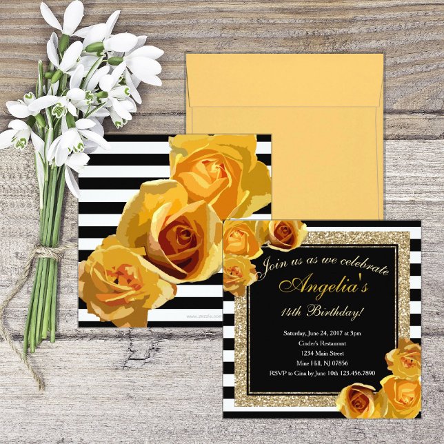 Yellow Floral Glitter Stripes Birthday Invitation (Creator Uploaded)