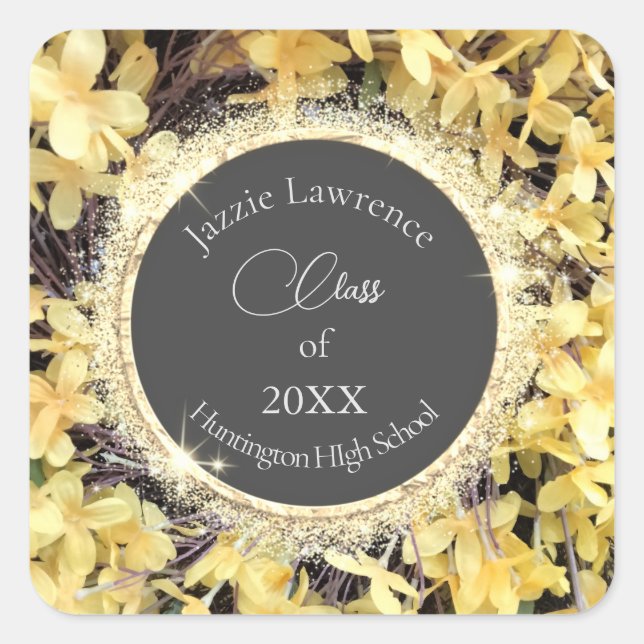 Yellow Floral Glittery Graduation Personalised Square Sticker (Front)