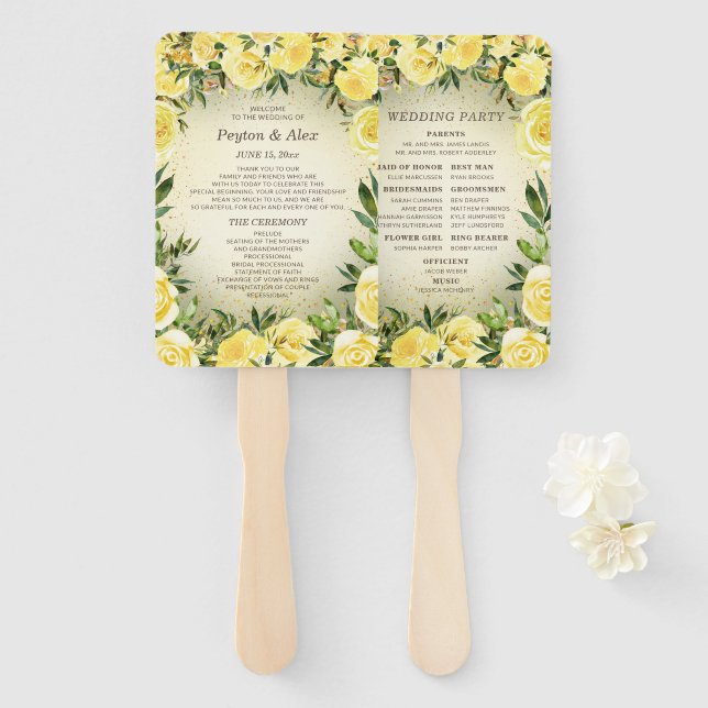 Yellow Floral Gold Glitter Wedding Program  Hand Fan (Front and Back)