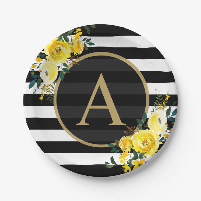 YELLOW FLORAL GOLD Monogram Black White Striped Paper Plate (Front)